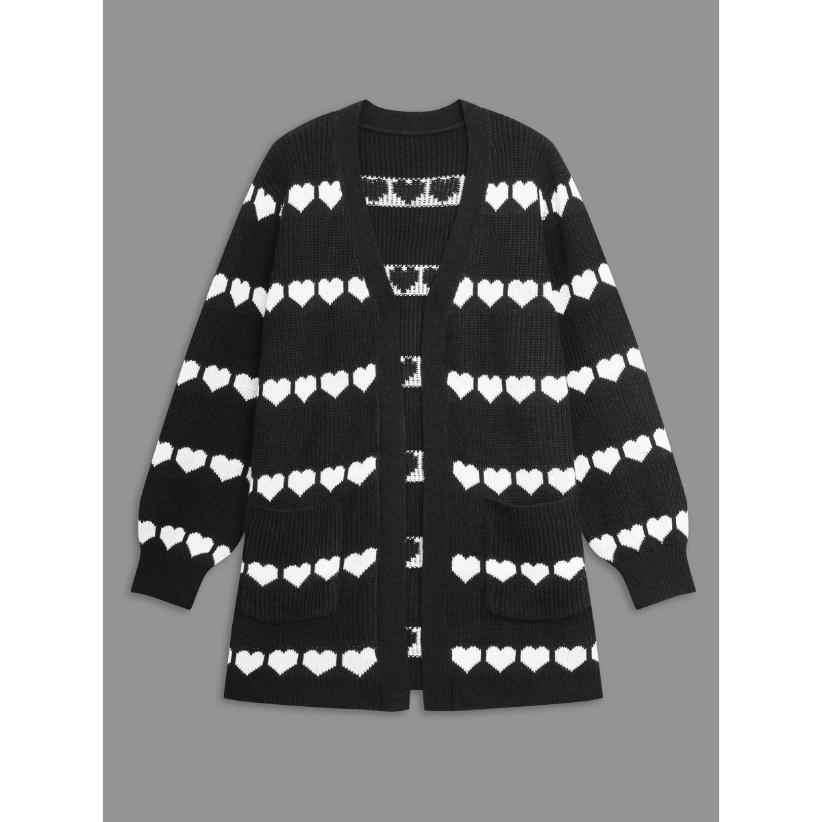 Plus Size Heart Pattern Jacquard Patch Pocket Cardigan Black Women Casual Loose Long Sleeve Everyday Cardigans BloomChic 18-20/2X Product Image