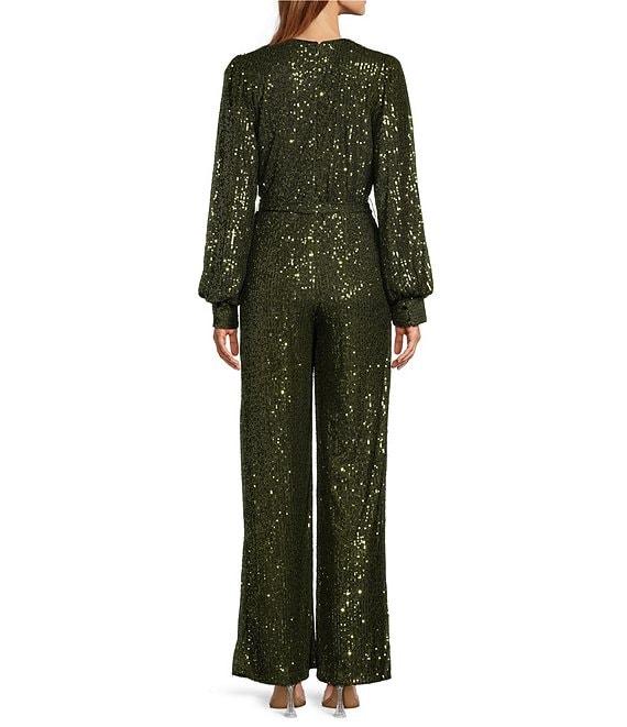 Skies Are Blue Sequin Wrap Tie V-Neck Long Sleeve Wide Leg Jumpsuit Product Image