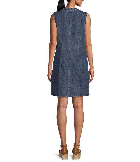 Westbound Sleeveless Partial Button Front Denim A-Line Dress Product Image