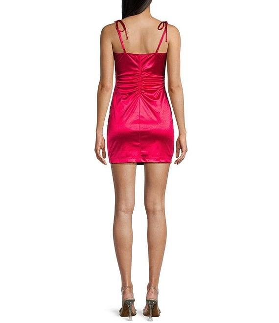 Honey and Rosie Tie Spaghetti Strap Empire-Waist Ruched Shiny Satin Mini Dress Product Image