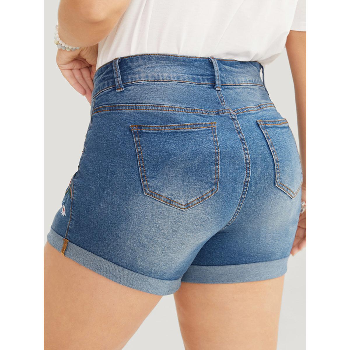 Plus Size Slightly Stretchy Light Wash Floral Embroidered Roll Hem Denim Shorts Women LightBlue Casual Ditsy Floral Embroidered Low stretch Patch pocket Jeans BloomChic 10/M Product Image