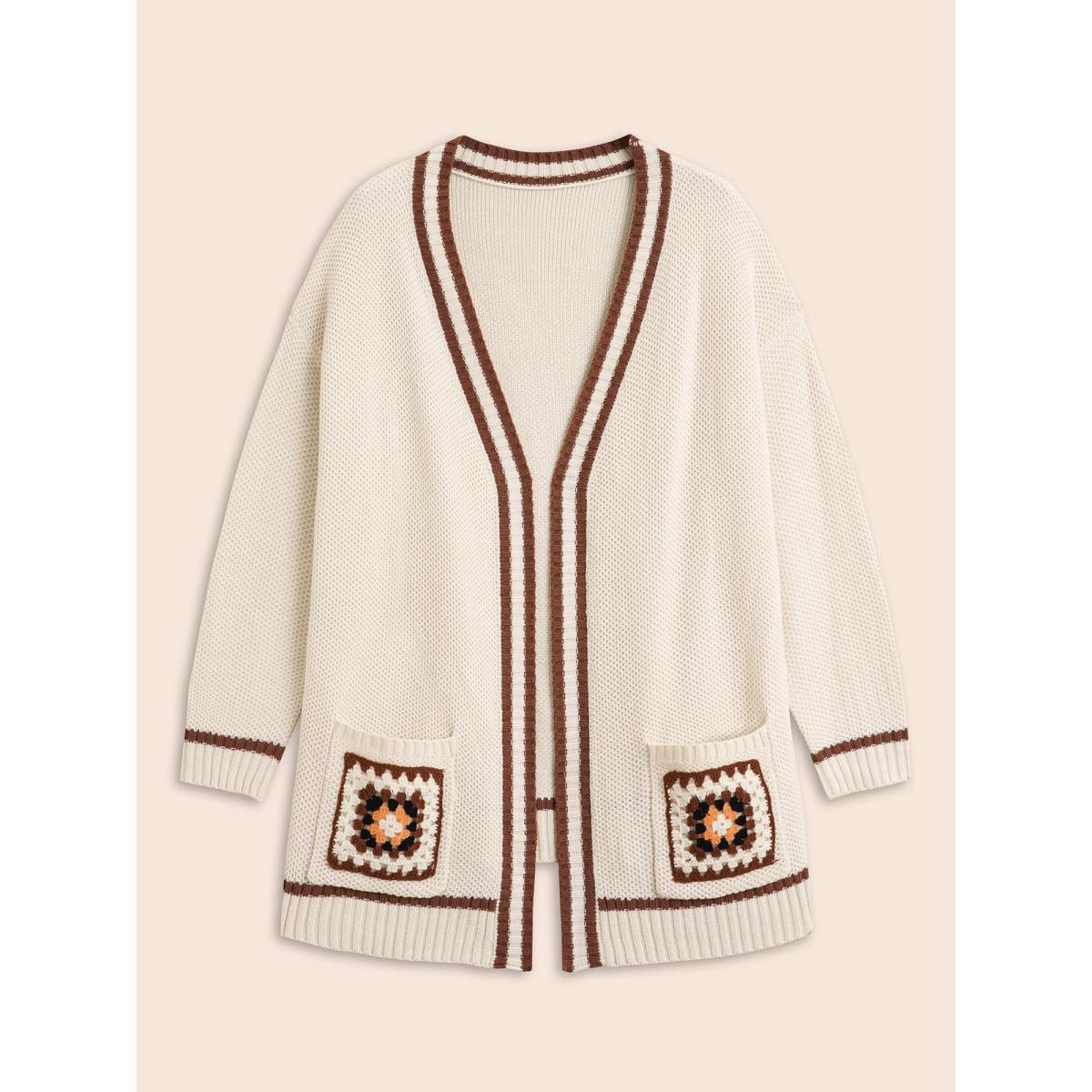 Plus Size Crochet Floral Patch Pocket Drop Shoulder Cardigan Beige Women Casual Loose Long Sleeve Everyday Cardigans BloomChic 14-16/1X Product Image
