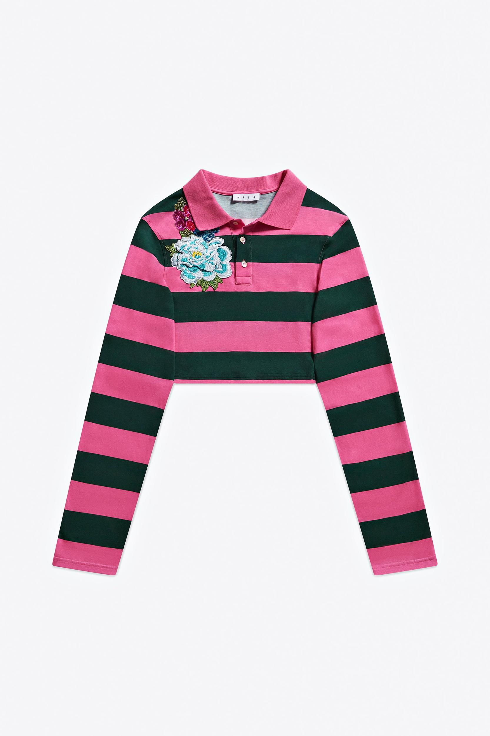 Embroidered Flower Rugby Stripe Long Sleeve Cropped Polo Product Image
