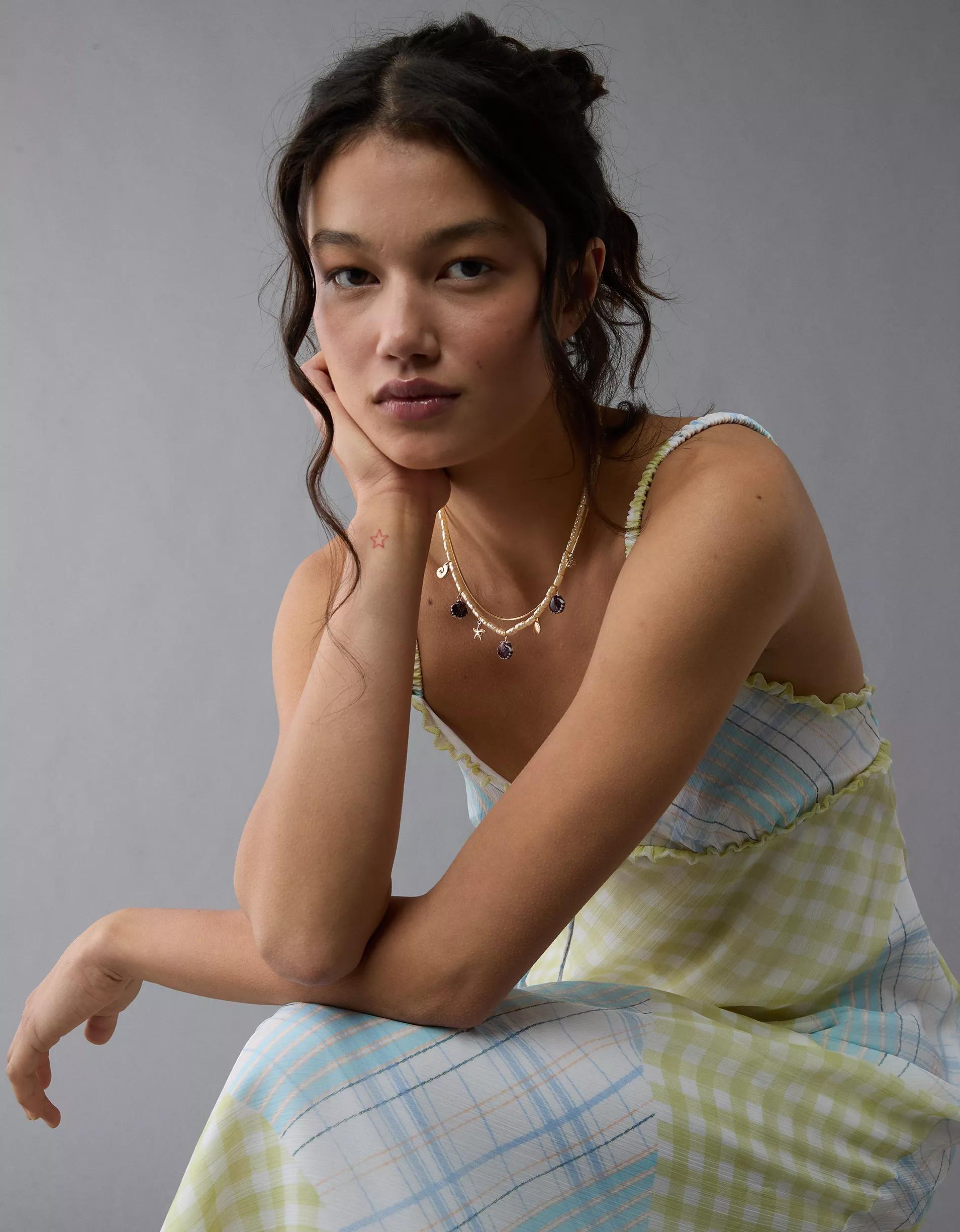 AE V-Neck Ruffle Midi Slip Dress Product Image