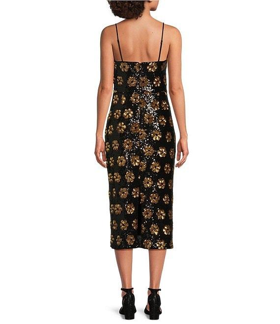 Alex Marie Celine Floral Sequin Square Neck Spaghetti Strap Sheath Midi Dress Product Image