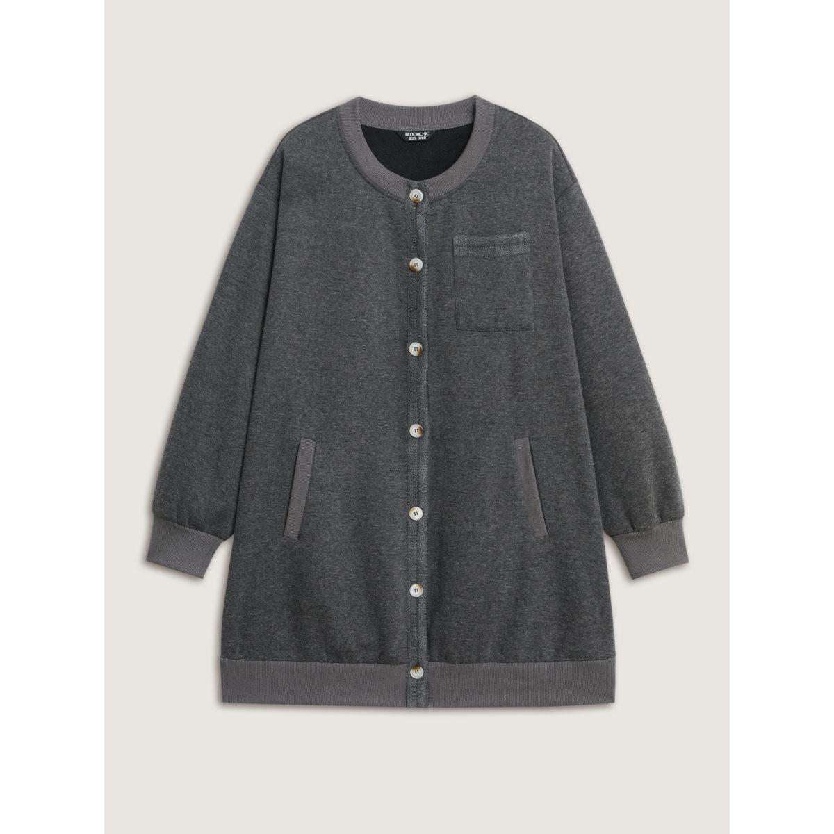 Plus Size Round Neck Ribbed Hem Button Coat Women DarkGray Leisure Button Ladies Casual Winter Coats BloomChic 28/5X Product Image