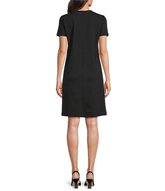 J.McLaughlin Florence Knit Round Neck Short Sleeve Button Front Scallop A-Line Dress Product Image
