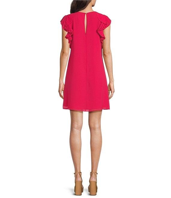 Vince Camuto Chiffon Float Ruffle Sleeveless Keyhole Crew Neck Shift Dress Product Image