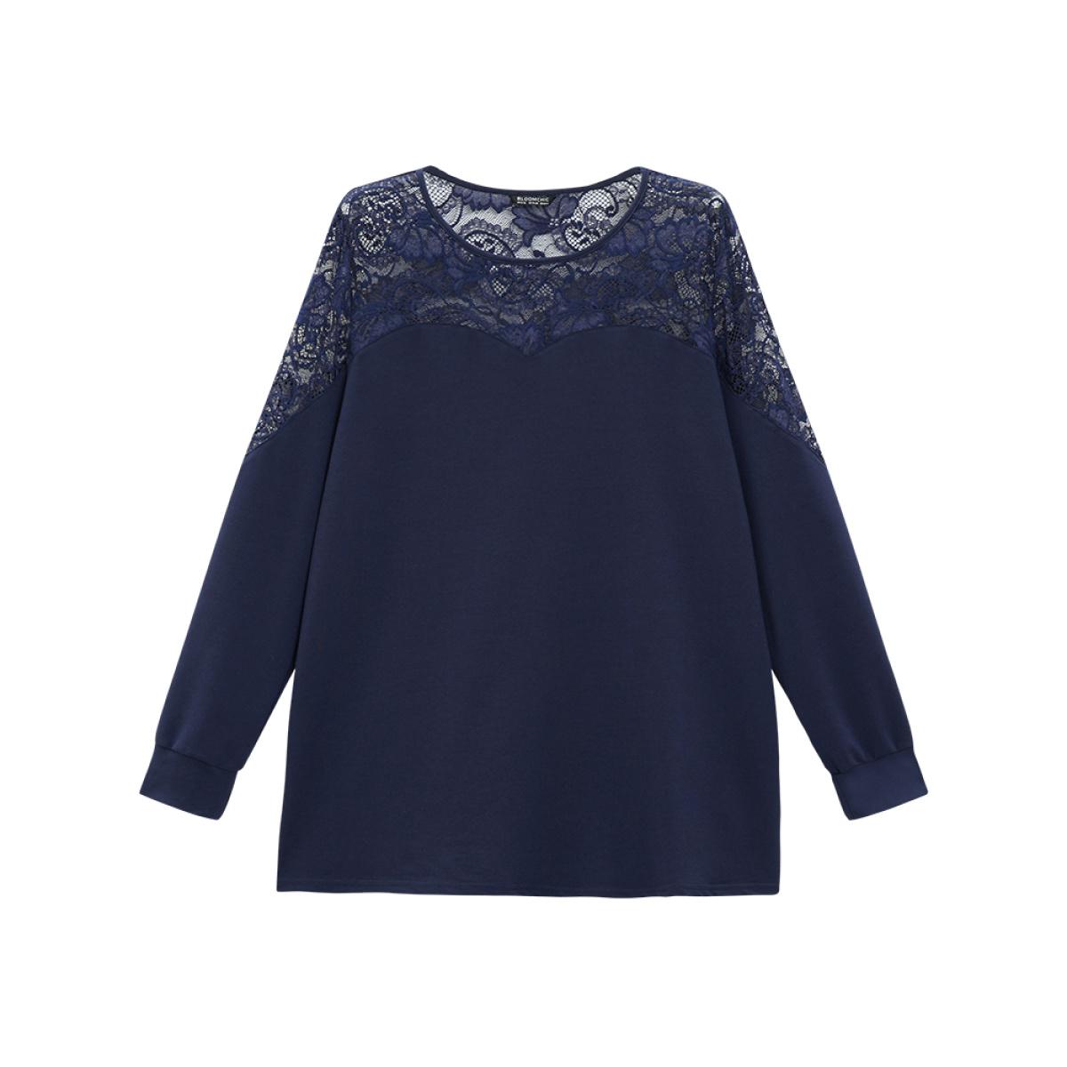 Plus Size Silhouette Floral Lace Mesh Patchwork Elastic Cuffs Sweatshirt Women Indigo Elegant Elastic cuffs Round Neck Dailywear Sweatshirts BloomChic 10/M Product Image