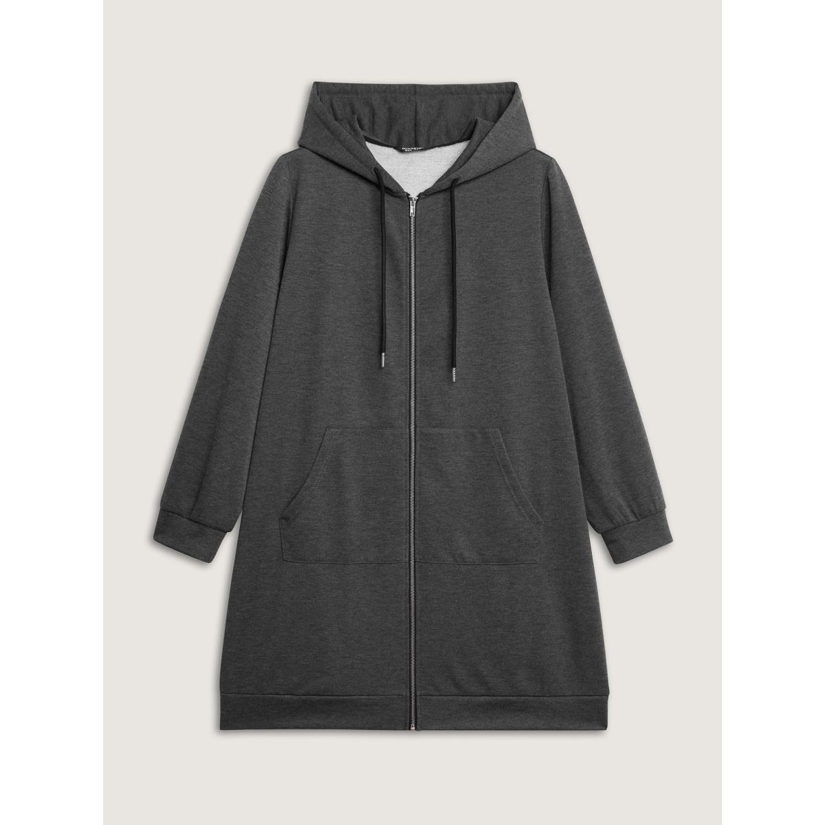 Plus Size Sweatshirt Longline Solid Jacket Women DimGray Drawstring Patch pocket Casual Jackets BloomChic 22-24/3X Product Image