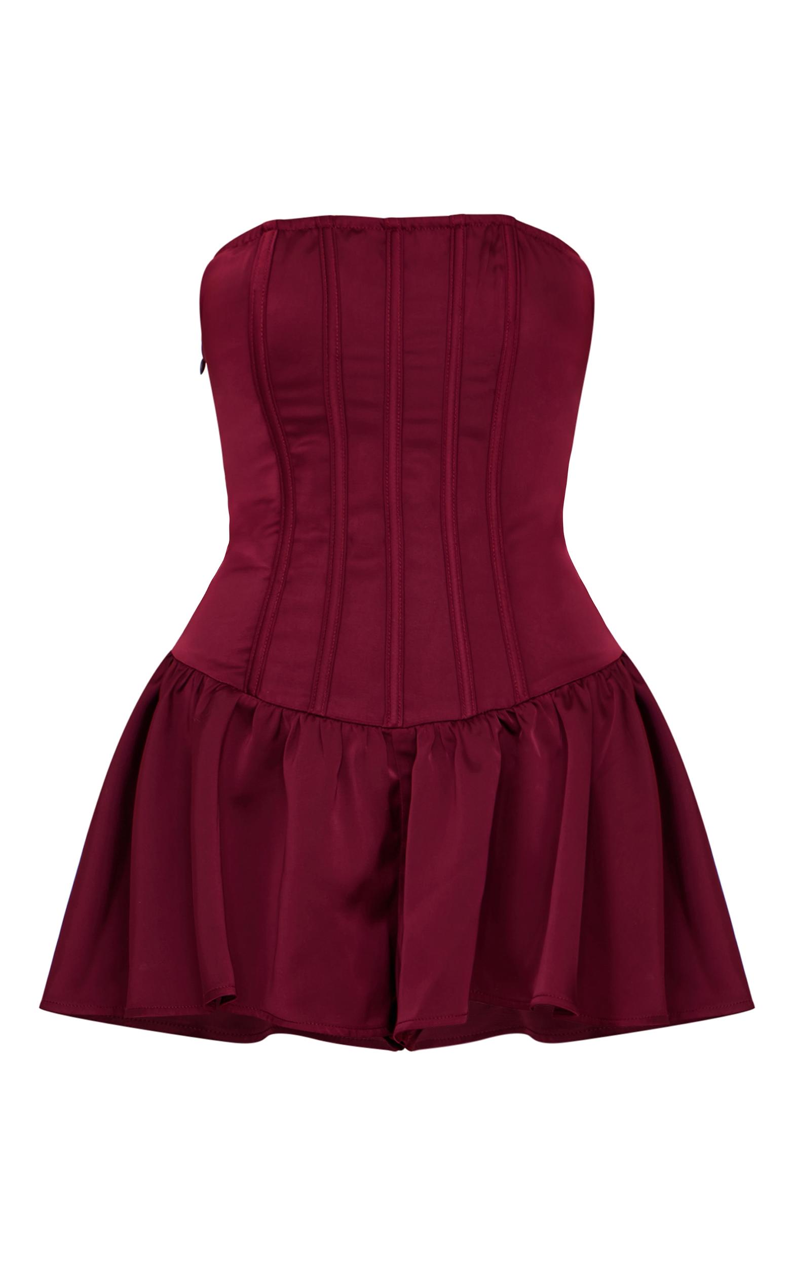 Burgundy Satin Corset Detail Bandeau Romper Product Image