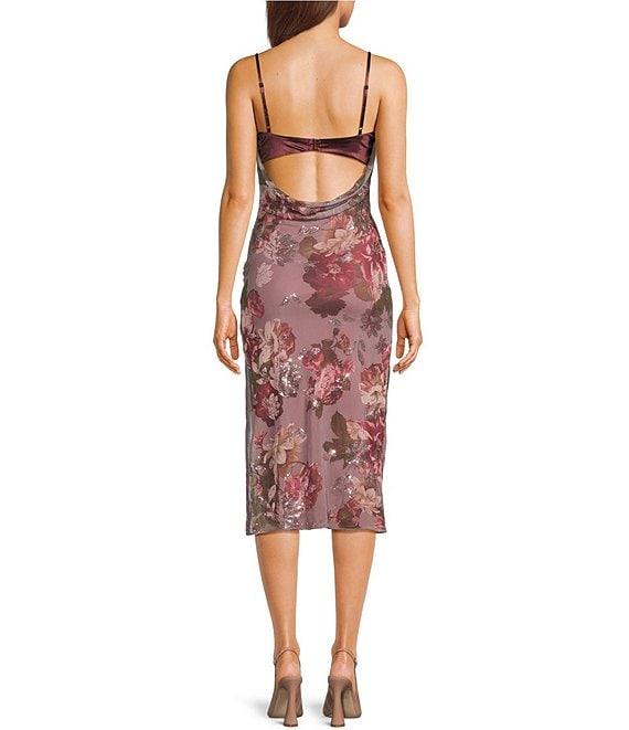 Honey and Rosie Floral Printed Mesh Sequin Lace Trim Cowl Neck Open Drape Back Midi Dress Product Image