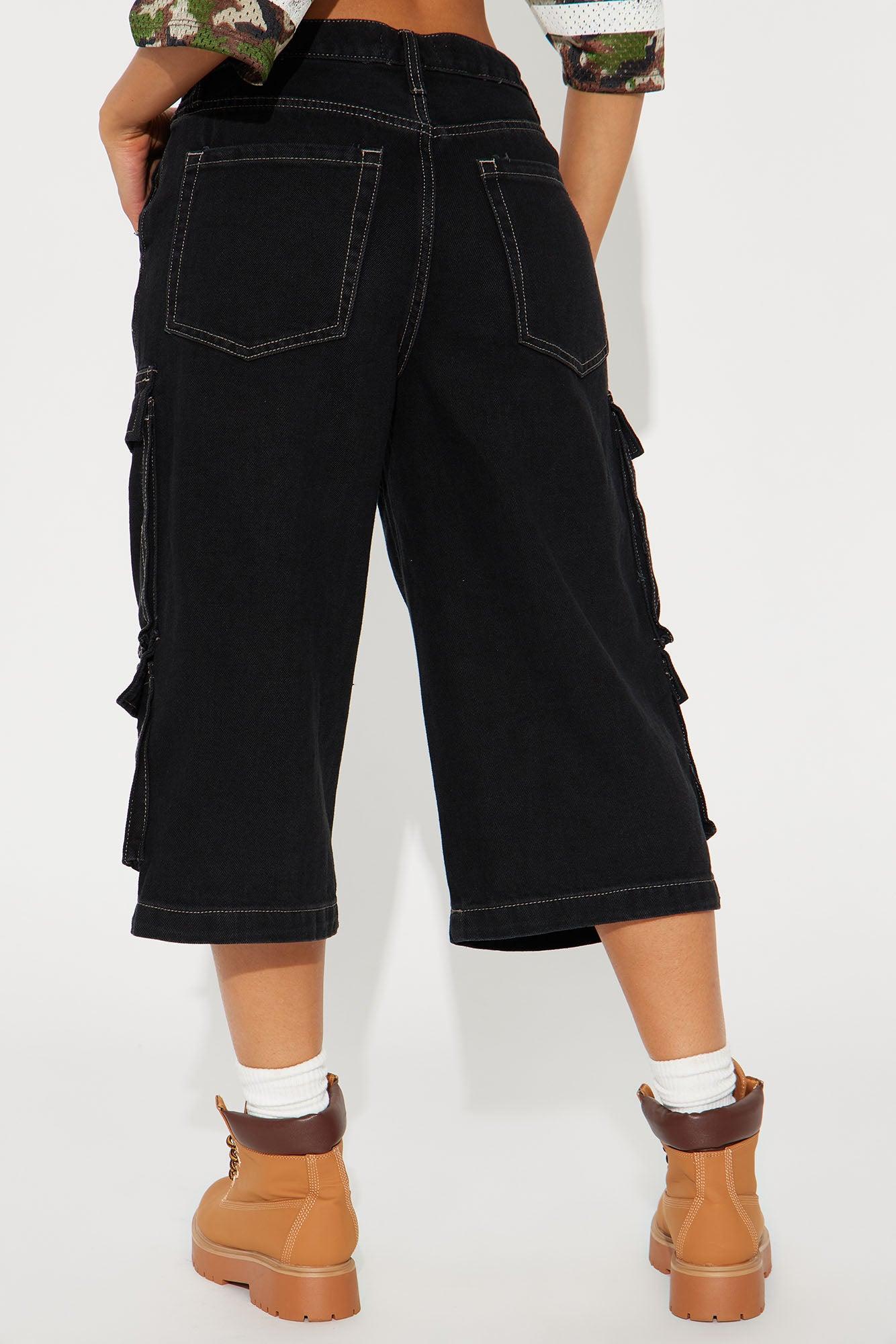 Denize High Rise Cargo Denim Jorts - Black Product Image