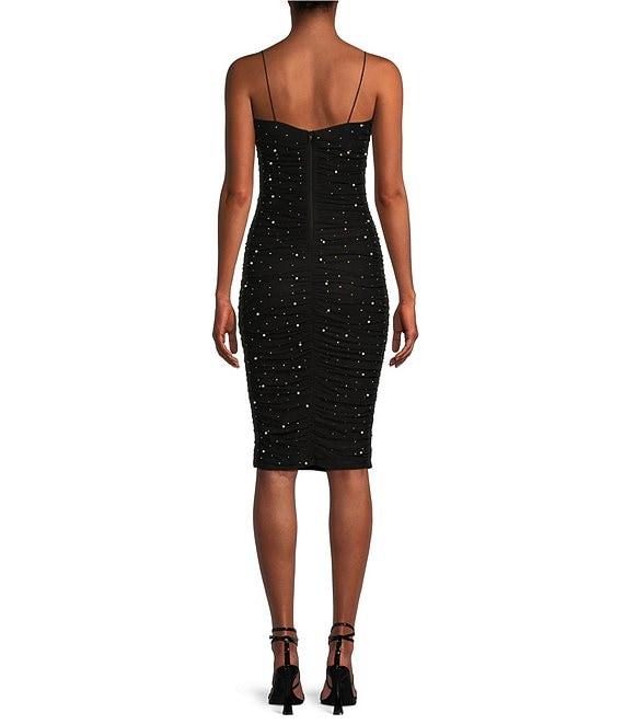 B. Darlin Bungee Strap Allover Shirring AB Stone And Pearls Bodycon Dress Product Image