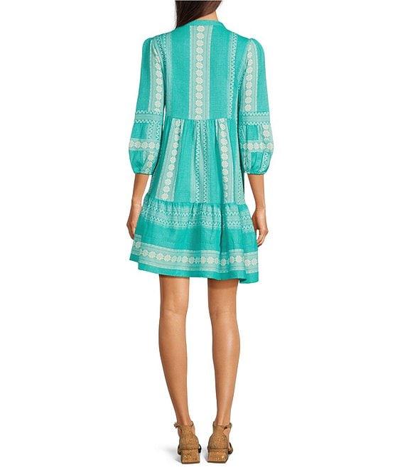 APNY Bohemian Embroidered Split V-Neck 3/4 Sleeve Tiered A-Line Dress Product Image