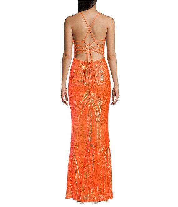 B. Darlin Sequin Pattern V-Neck Spaghetti Strap Lace Up Back Dress Product Image