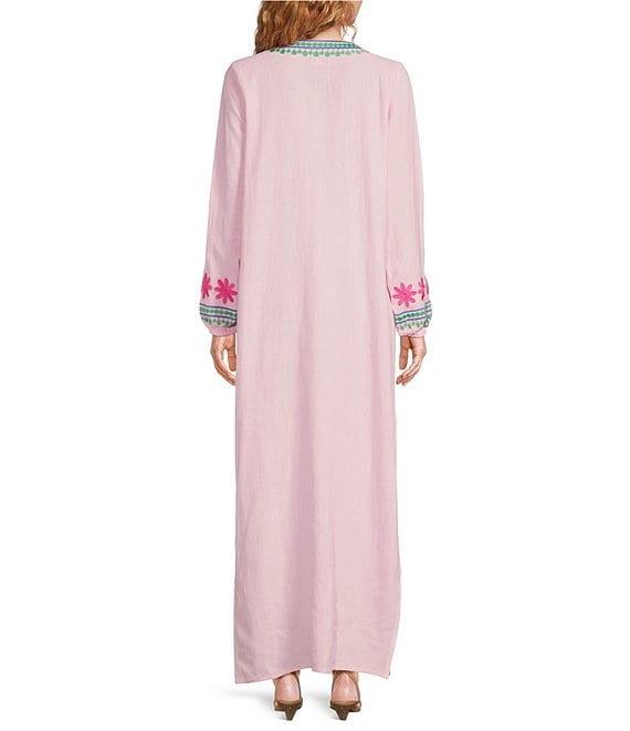 SAIL to SABLE Woven Floral Embroidered Split V-Neck Long Sleeve Caftan Dress Product Image