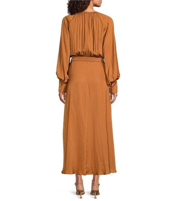 Gibson & Latimer Moonshadow Satin Ruched Crew Neck Long Sleeve Belted Blouson Maxi Dress Product Image