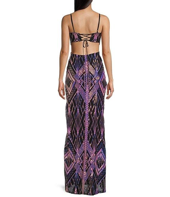 Honey and Rosie Patterned Sequin V-Neck Spaghetti Strap Tie Back Fitted Mermaid Gown Product Image