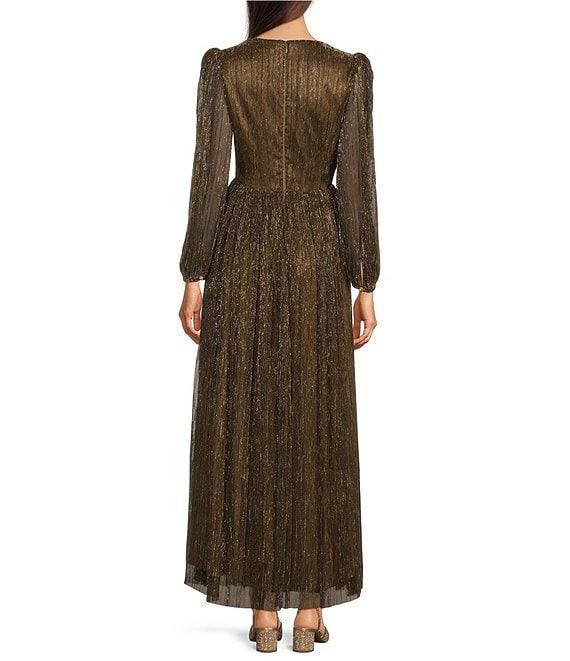 Alex Marie Petite Size Bella Crinkle Metallic V-Neck Blouson Long Sleeve A-Line Gown Product Image