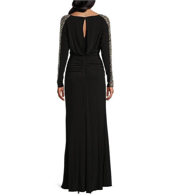Betsy & Adam Beaded Boat Neck Long Sleeves Shirred Bodice Sheath Dress Product Image