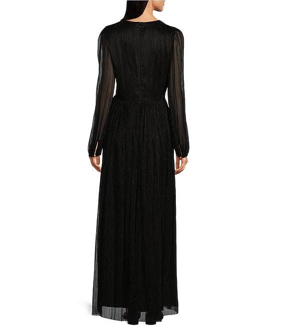 Alex Marie Bella Crinkle Metallic V-Neck Blouson Long Sleeve A-Line Gown Product Image