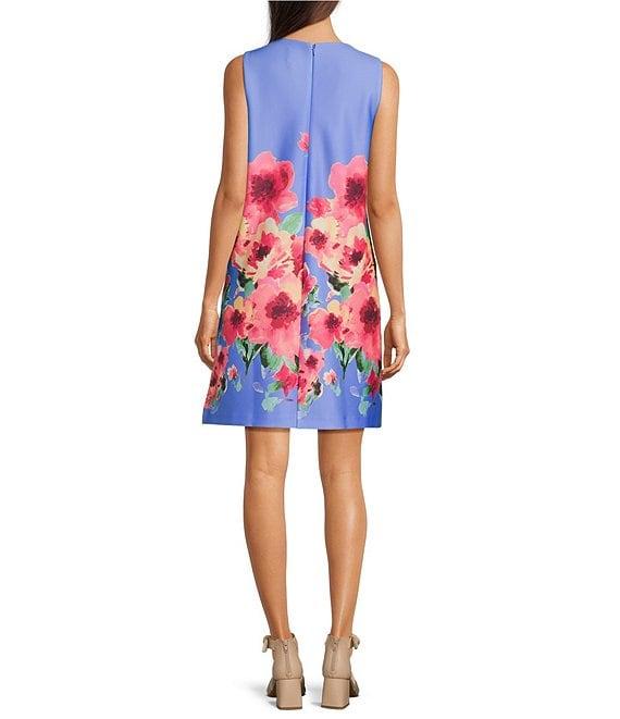 Anne Klein Scuba Floral Print Crew Neck Sleeveless Shift Mini Dress Product Image