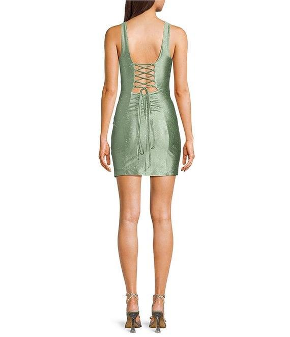 Honey and Rosie Glitter Knit V-Neck Corset Bodice Lace-Up Back Dress Product Image