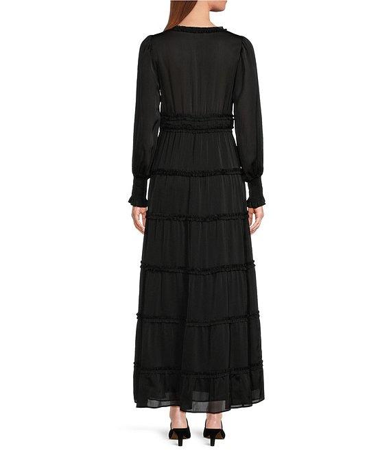 Chelsea & Violet Plisse Satin Ruffle Deep V-Neck Long Smocked Cuff Sleeve Tiered Maxi Dress Product Image