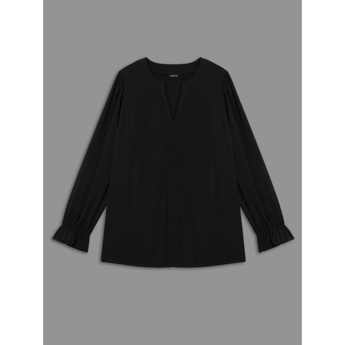 Plus Size Black Notched Collar Pleated Lantern Sleeve Blouse Women At the Office Long Sleeve Notched collar Work Blouses BloomChic 22-24/3X Product Image