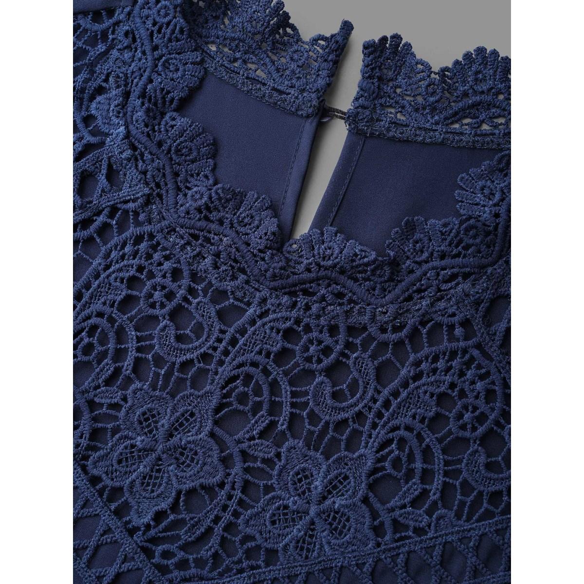 Plus Size Indigo Lace Cut-Out Sheer Stand Collar Blouse Women Elegant Long Sleeve Stand-up collar Everyday Blouses BloomChic 22-24/3X Product Image