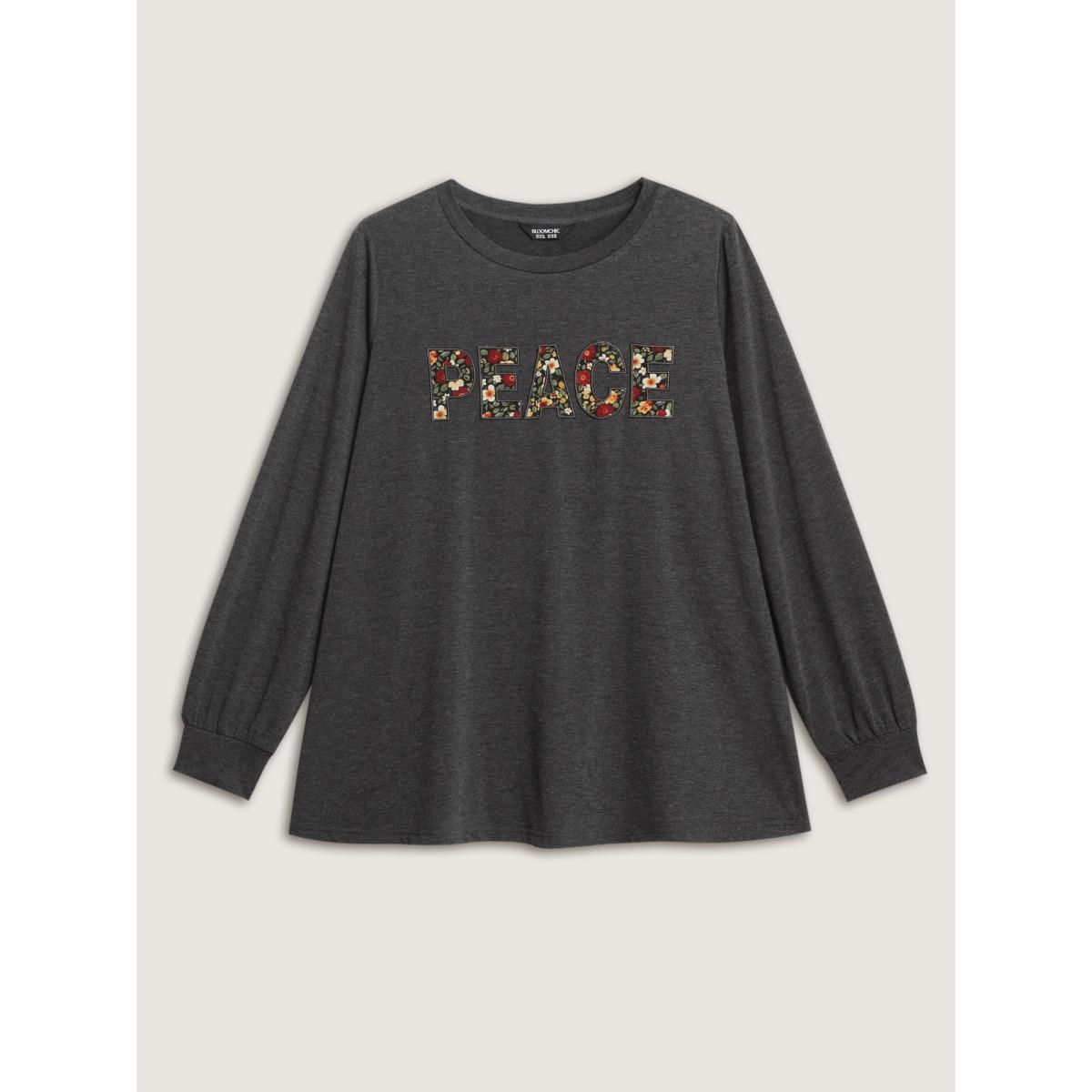 Plus Size Floral Applique Embroidery Stretchy T-Shirt DimGray Women Leisure Embroidered Round Neck Casual T-shirts BloomChic 10/M Product Image