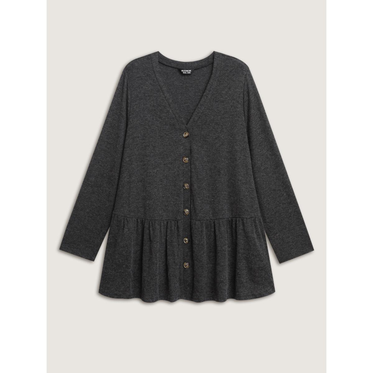 Plus Size Textured Ruffled Hem Button Blouse Women DimGray Gathered Side seam pocket Casual Jackets BloomChic 10/M Product Image