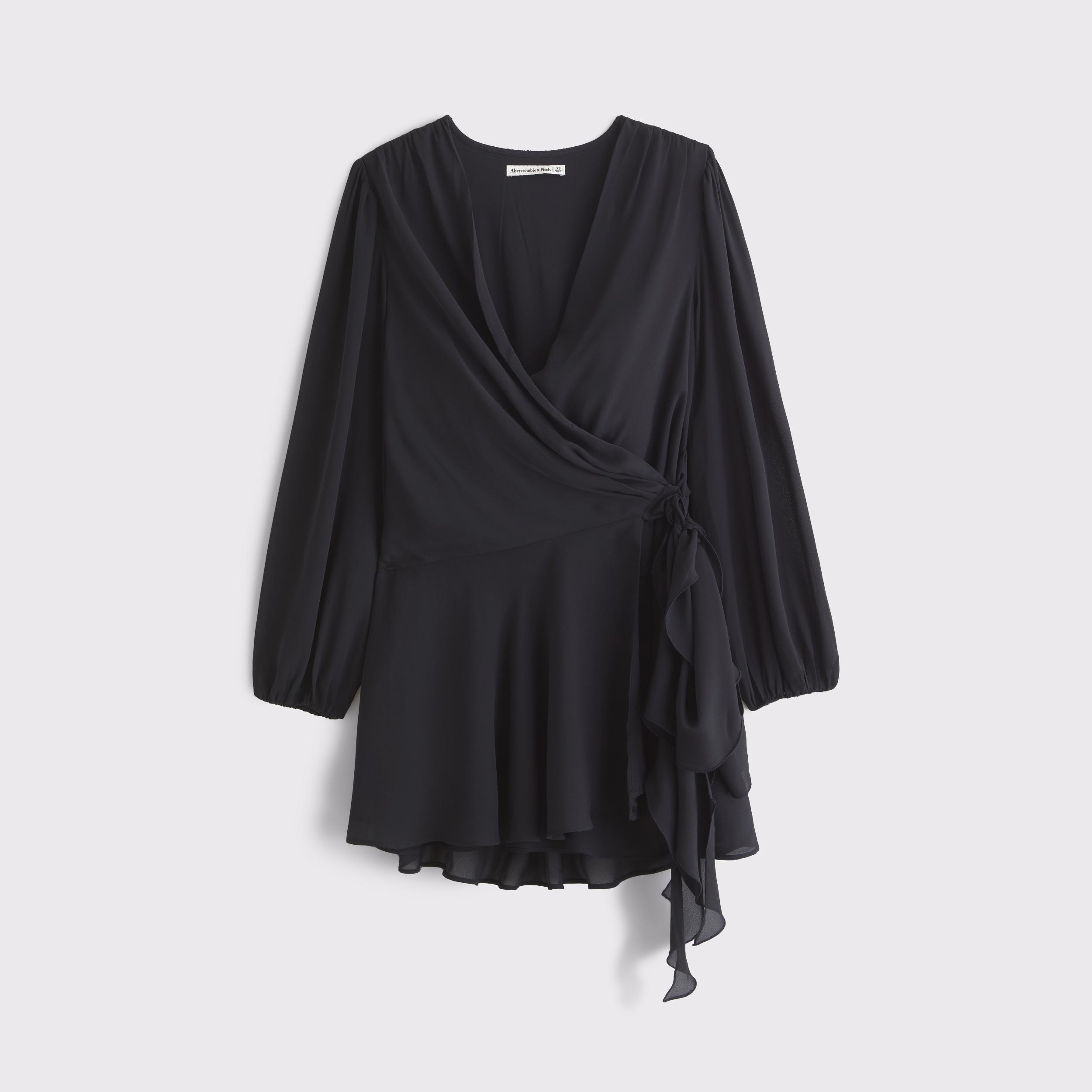 Long-Sleeve Draped Wrap Mini Dress Product Image