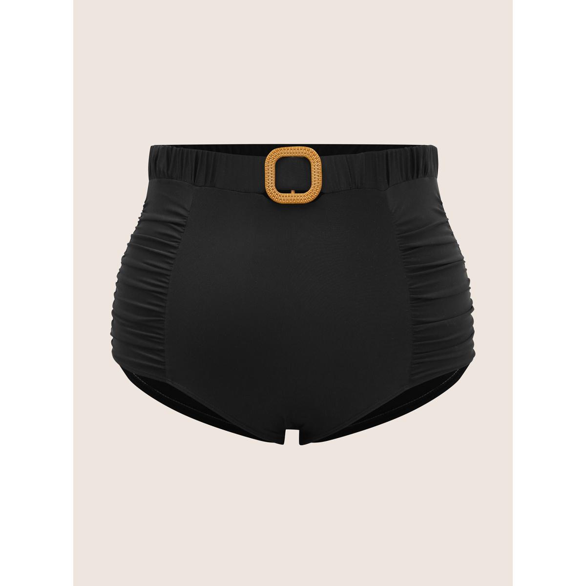 Plus Size Solid Buckle Detail Ruched Swim Bottom Women's Swimwear Black Beach Non High stretch Skinny High Rise Curve Swim Bottoms BloomChic 26/4X Product Image