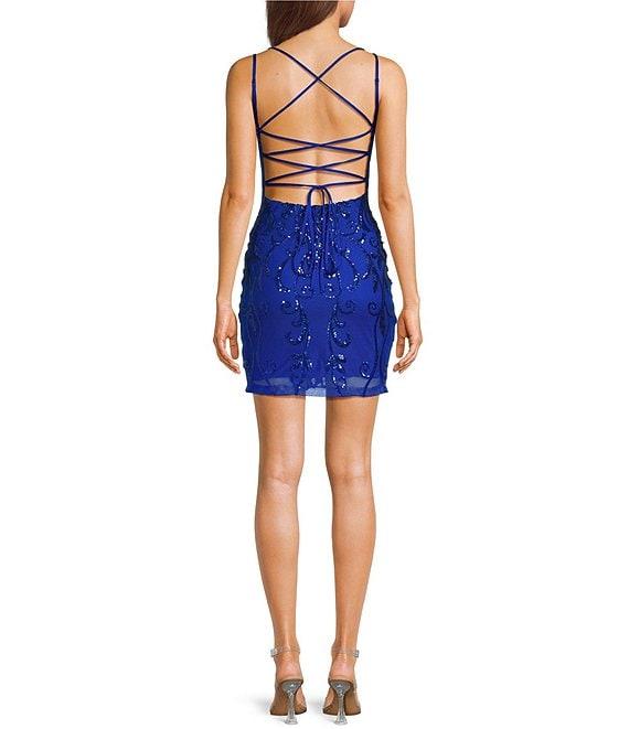 B. Darlin Sequin Patterned Halter V-Neck Tie Back Dress Product Image