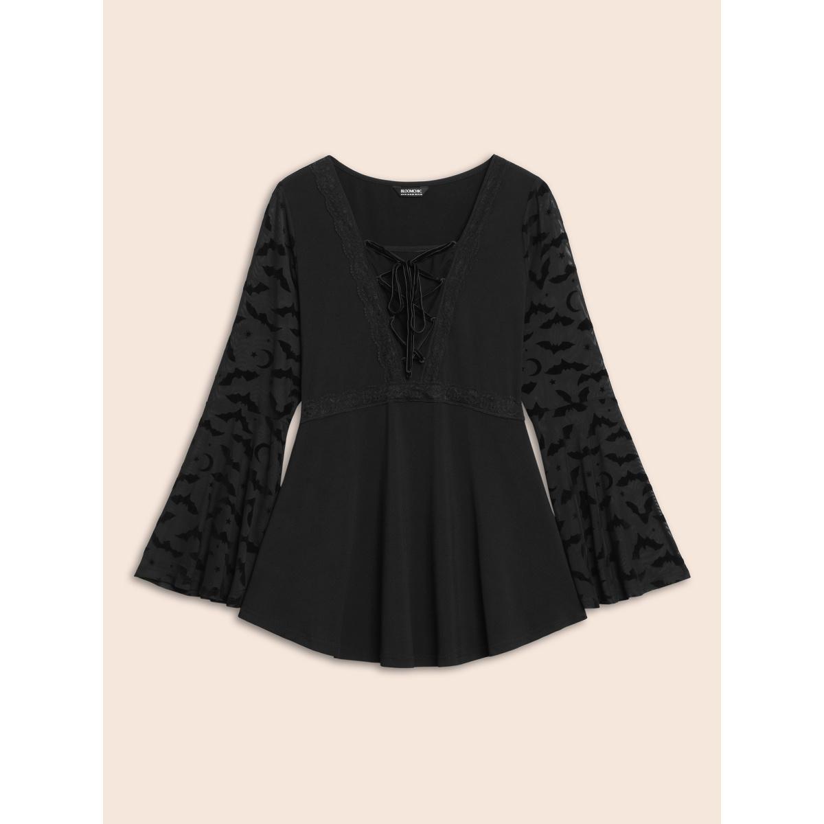 Plus Size Black Bat Wing Elastic Flocking Corn Straps Blouse Women Elegant Long Sleeve Square Neck Everyday Blouses BloomChic 14-16/1X Product Image