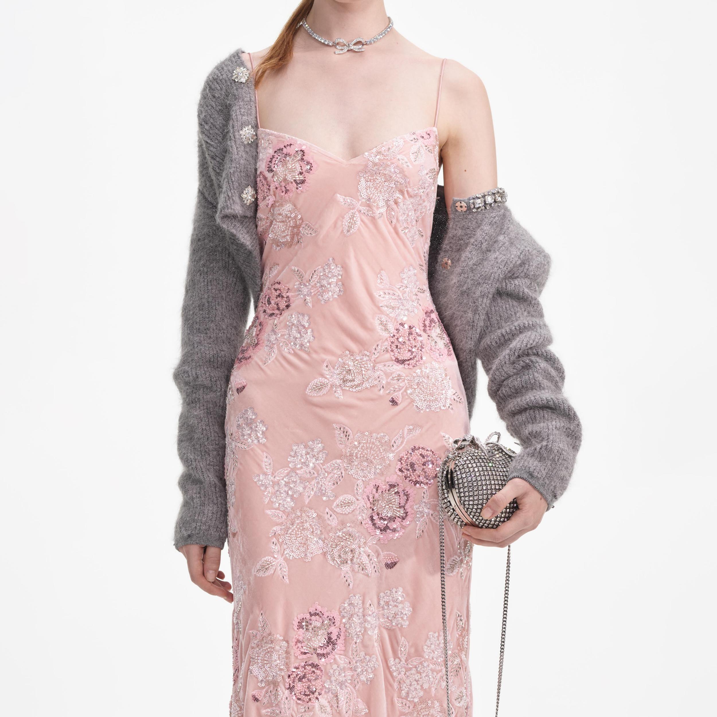 Pink Embellished Velvet Maxi Dress Product Image