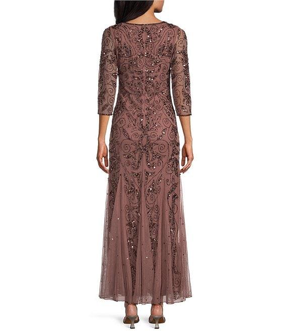 Pisarro Nights Beaded Sequin Boat Neck Illusion 3/4 Sleeve Gown Product Image