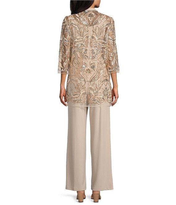R & M Richards 3/4 Sleeve Scoop Neck Embroidered Sequin Jacket 3-Piece Pant Set Product Image
