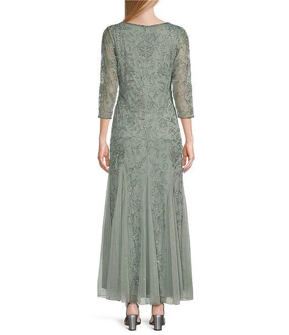 Pisarro Nights Beaded Mesh Boat Neck 3/4 Sleeve Fit and Flare Gown Product Image