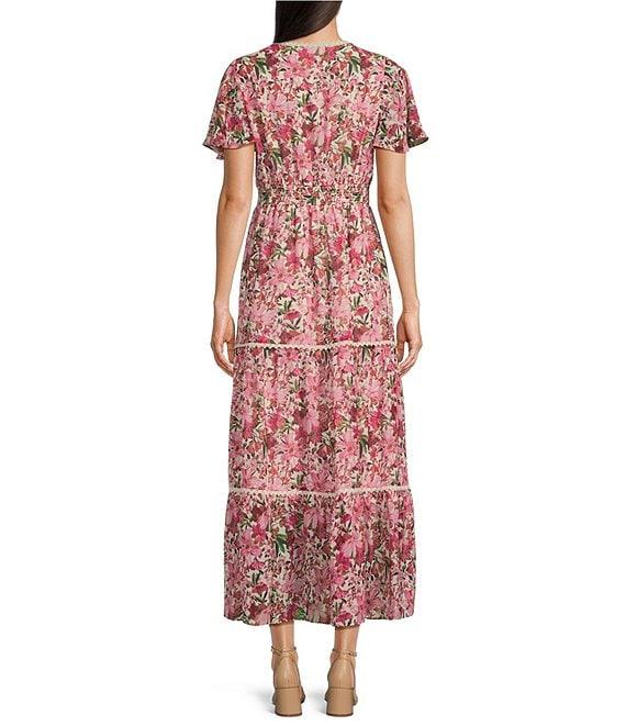 Anne Klein Chiffon Floral Print V Neck Short Sleeve A-Line Midi Dress Product Image