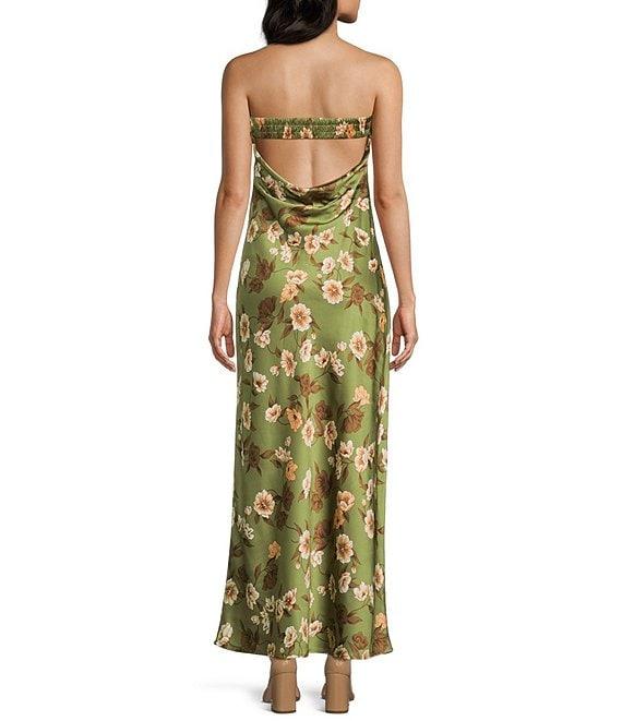 Allison & Kelly Chiffon Floral Printed Strapless Front Slit Midi Dress Product Image