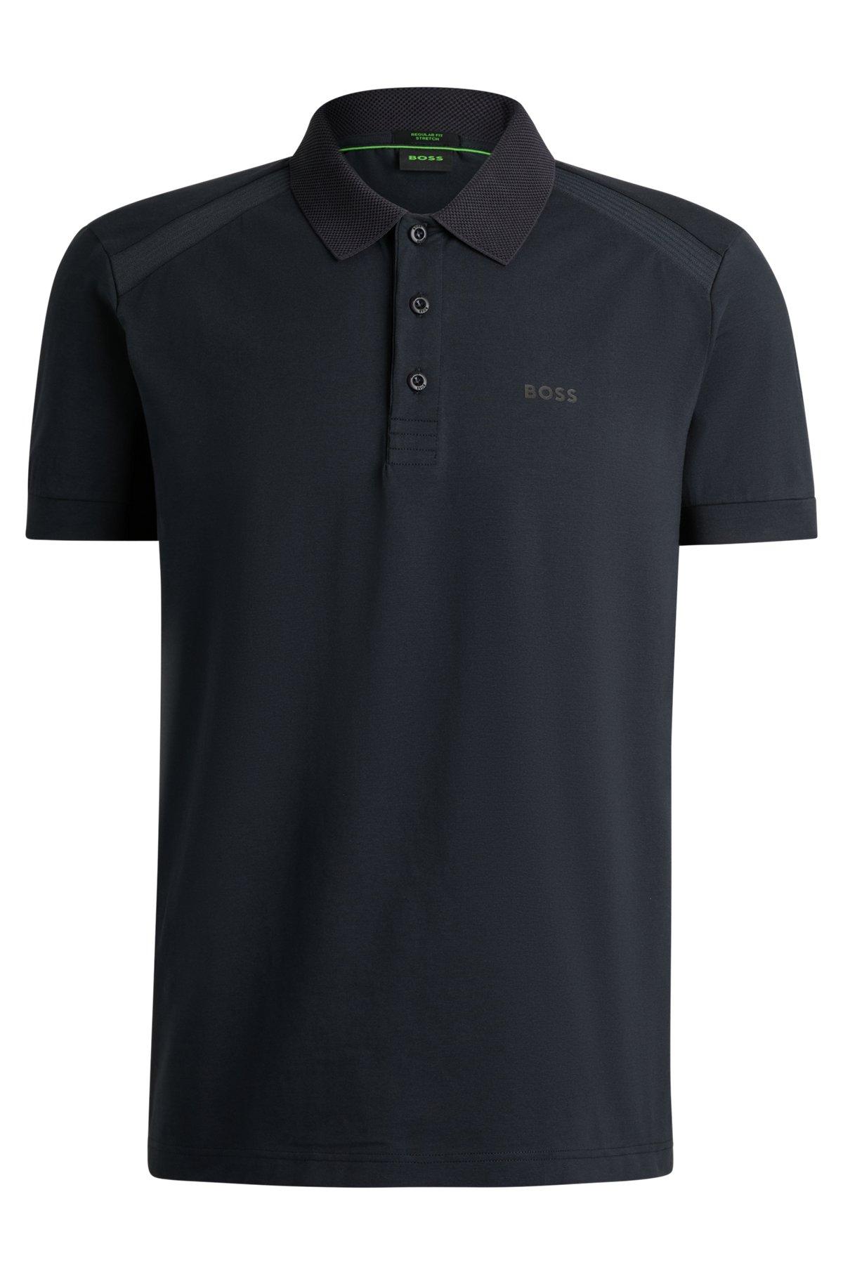 BOSS - Stretch-cotton polo shirt with striped tape inserts - Dark Blue Product Image