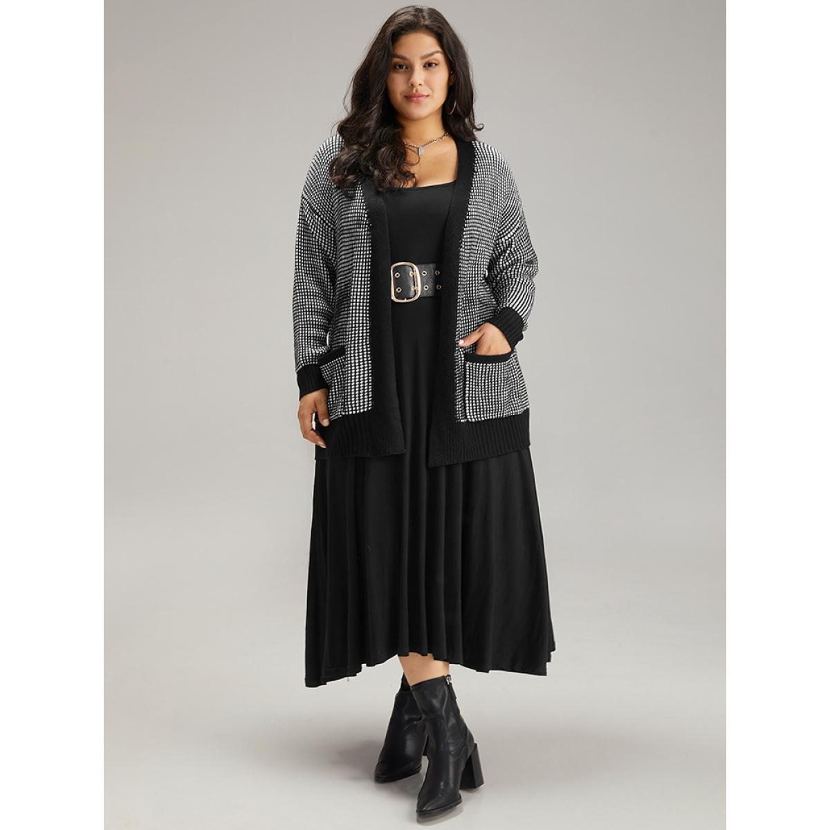 Plus Size Polka Dot Patched Pocket Drop Shoulder Cardigan Black Women Basics Loose Long Sleeve Dailywear Cardigans BloomChic 30/6X Product Image