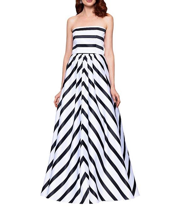 Betsy & Adam Satin Stripe Print Strapless Neck Sleeveless A-Line Gown Product Image