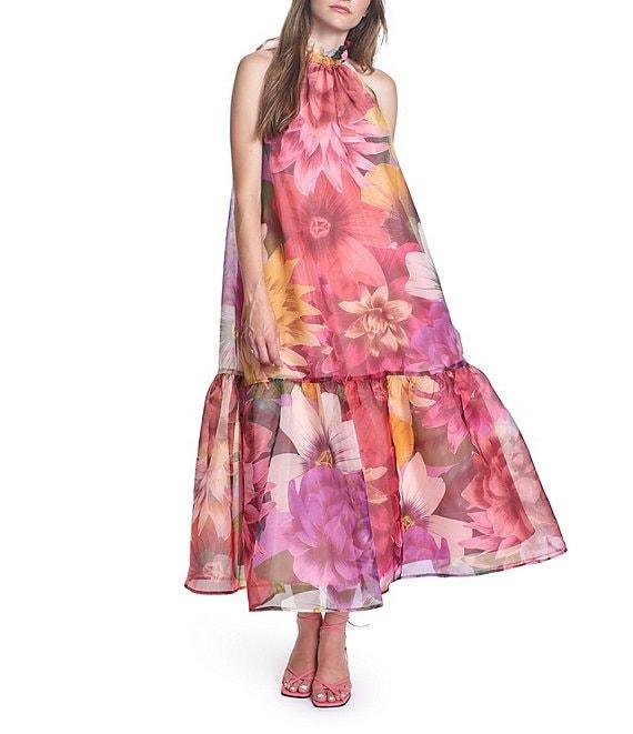 COREY LYNN CALTER Avalon Floral Organza Halter Neck A-Line Ruffle Hem Sleeveless Midi Dress Product Image