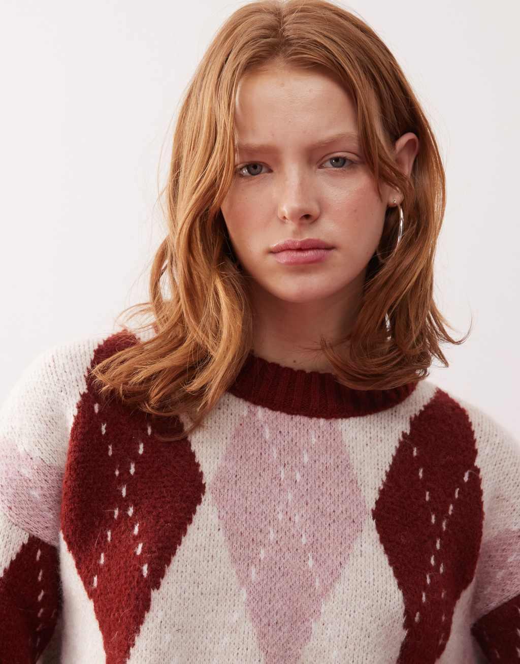 Reclaimed Vintage oversized argyle knit sweater in red and pink Product Image