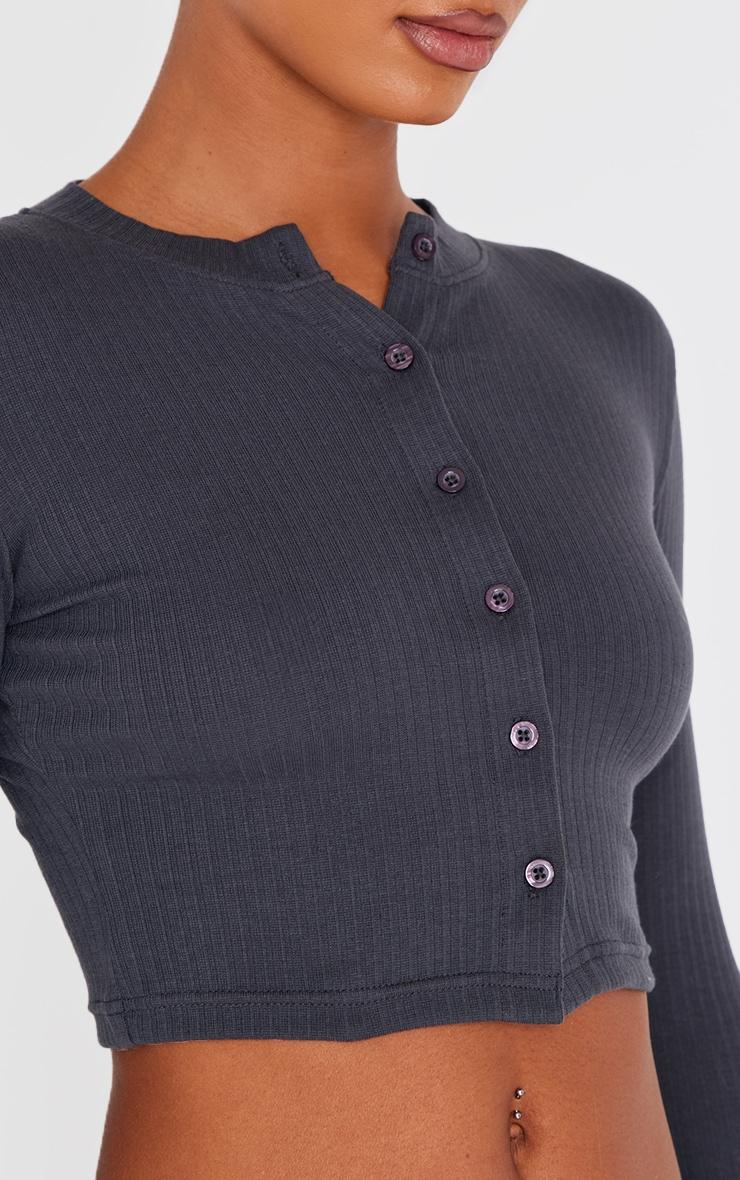 Charcoal Ribbed Button Down Detail Long Sleeve Top Product Image