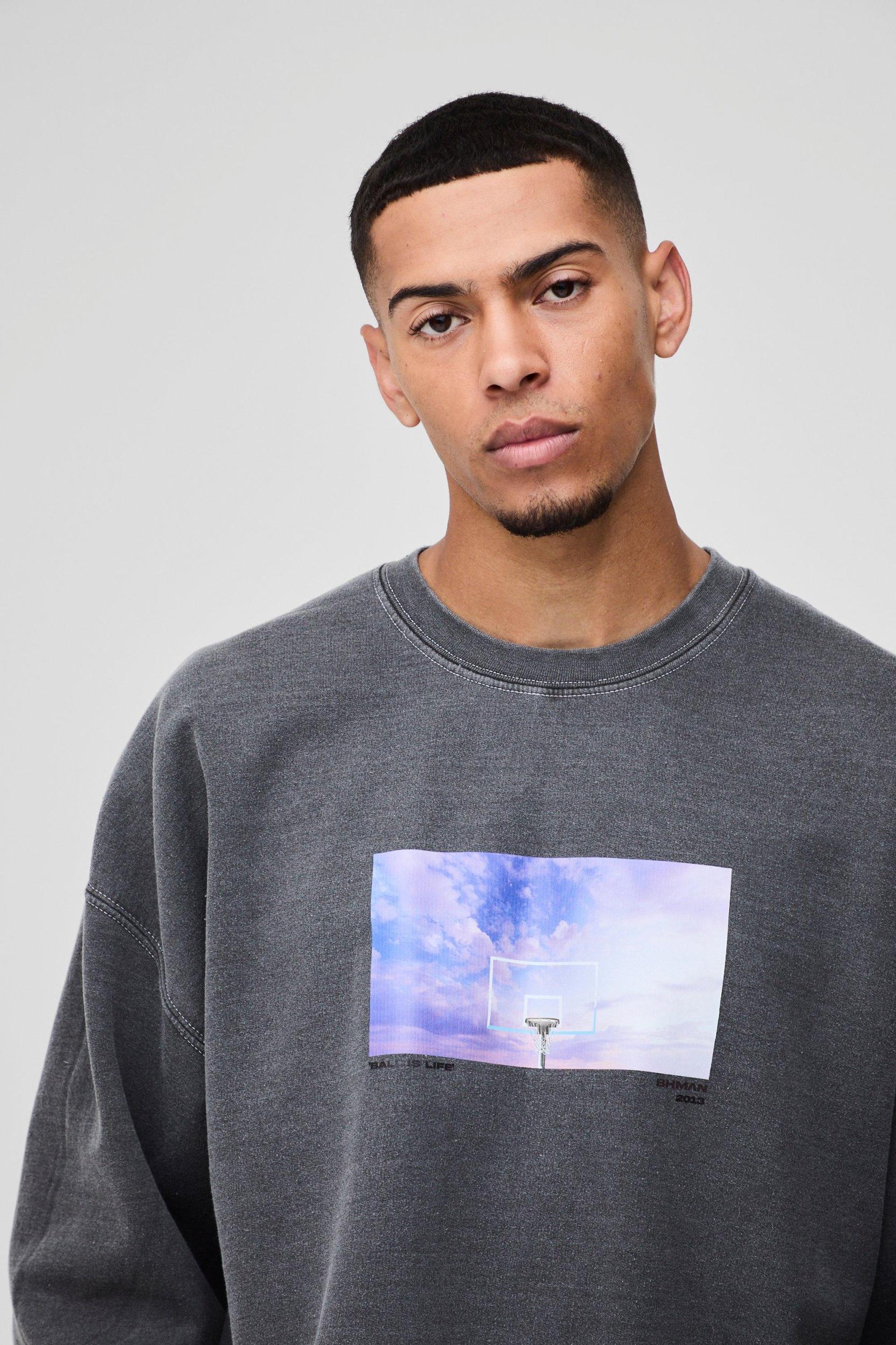 Oversized Sky Box Graphic Washed Sweatshirt | boohooMAN USA Product Image